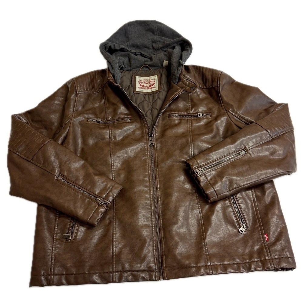 Levis Jacket Mens XXL Brown Faux Leather Hooded Moto Biker Rugged Racer - Picture 2 of 13